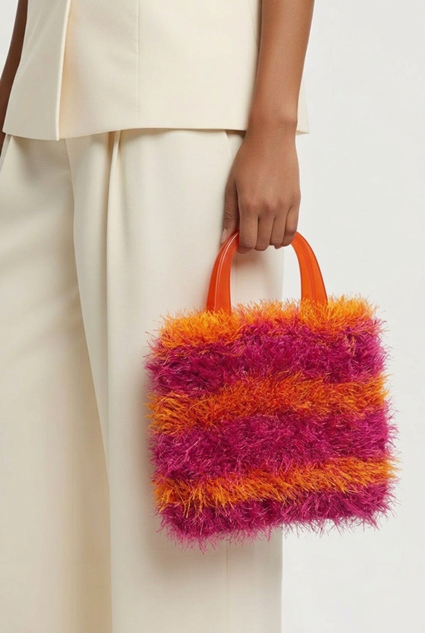 Shaggy Orange and Pink Striped Knitted Bag