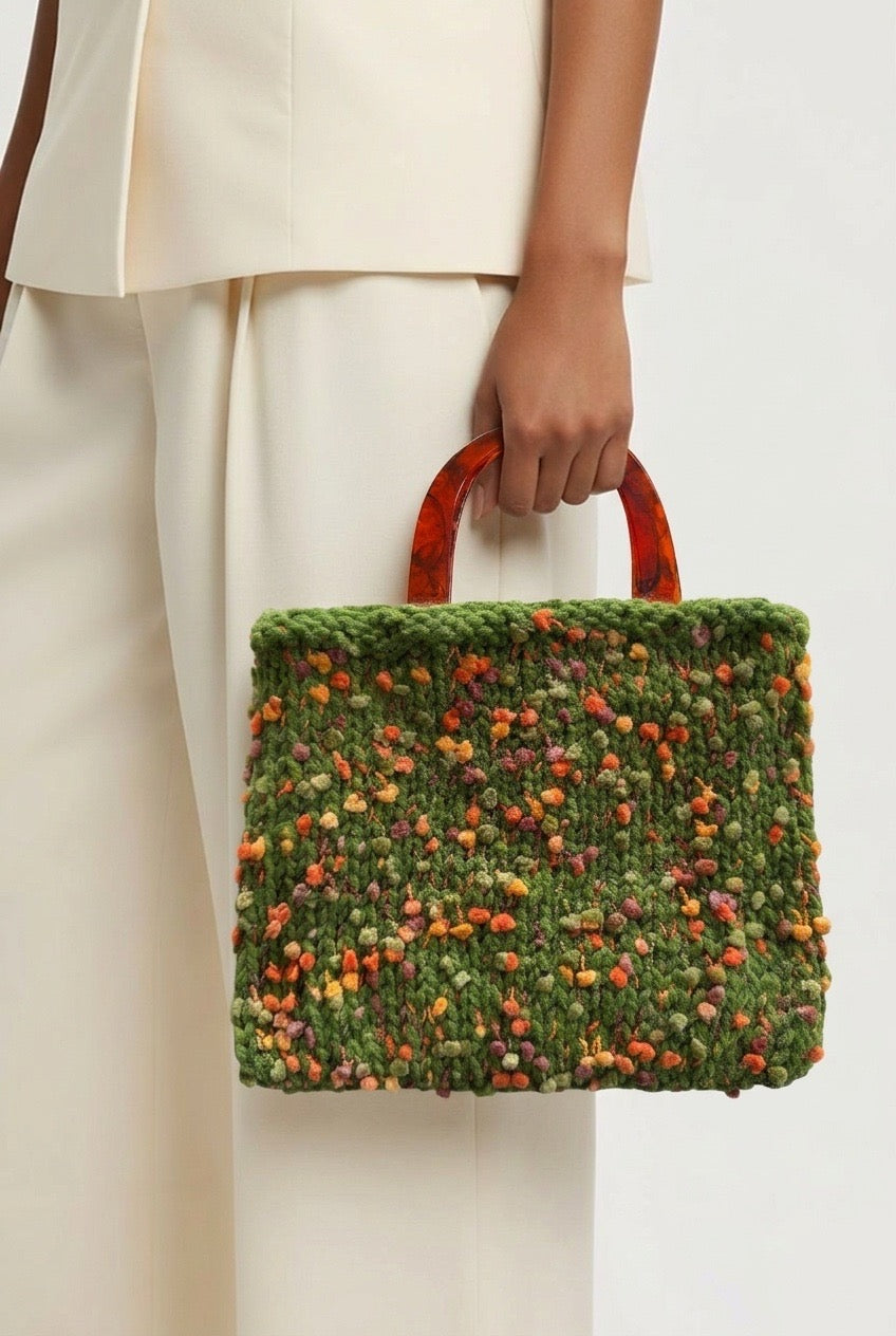 Green, Orange and Yellow Tones Pom Pom Yarn Knitted Bag