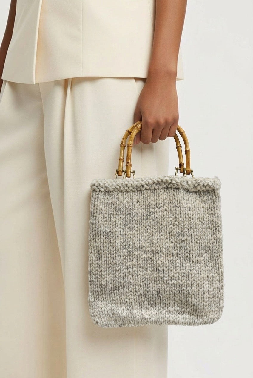 Bamboo Handle Cream Knitted Handbag