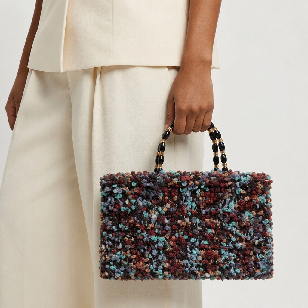 Pom Pom Yarn Knitted Handbag with Beaded Handle