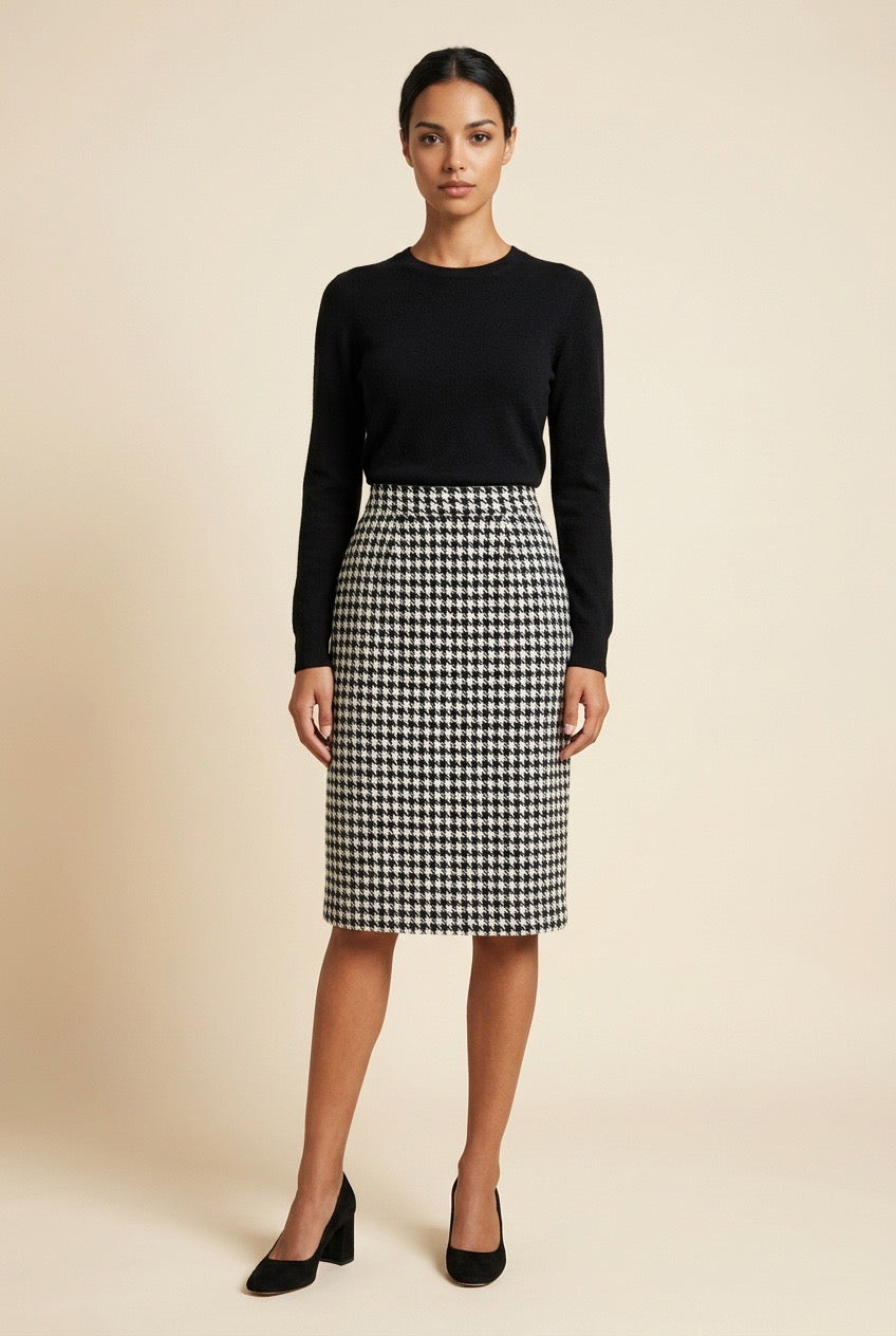 Houndstooth Pencil Skirt with Back Slit.