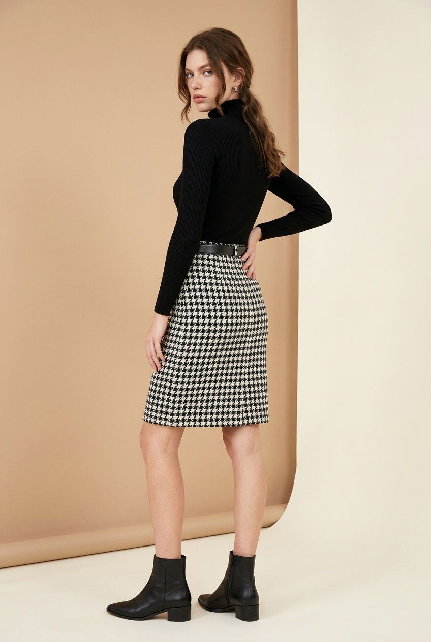 Houndstooth Pencil Skirt with Back Slit.