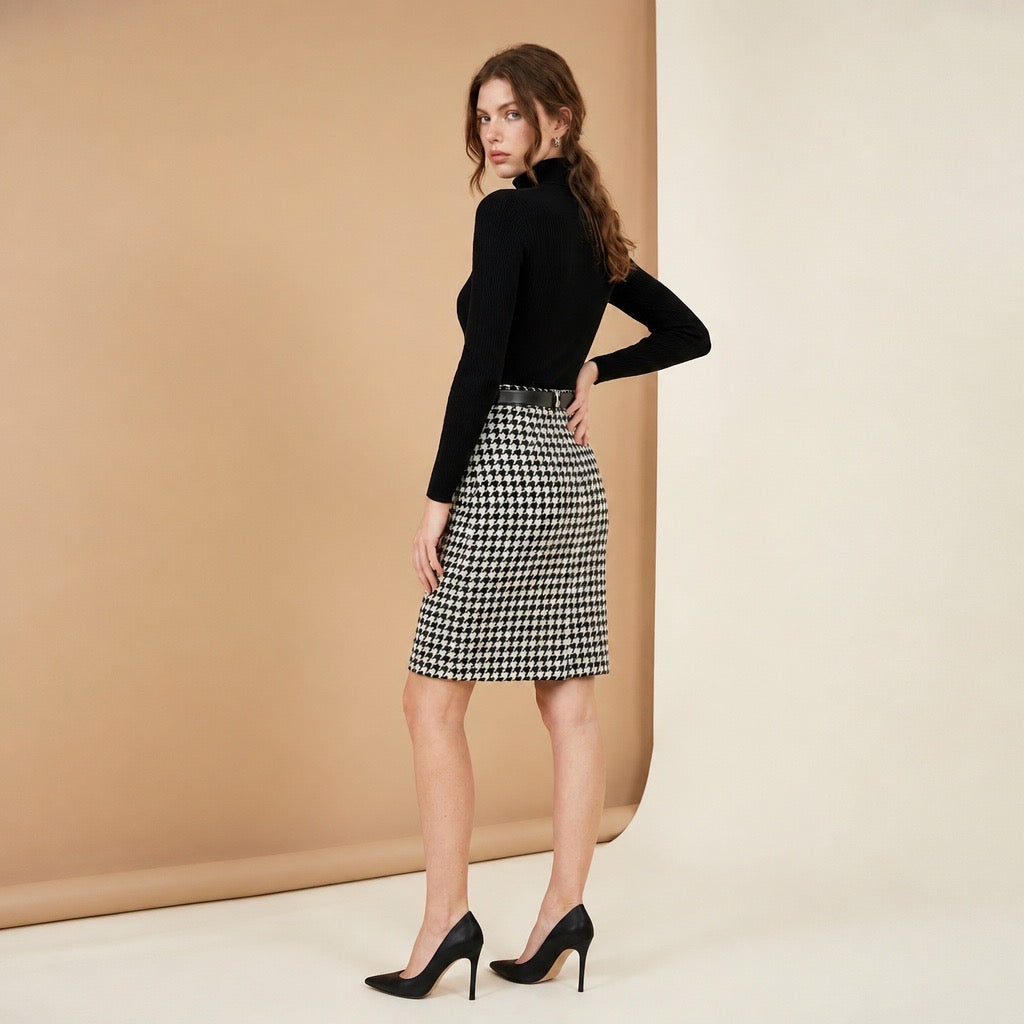 Houndstooth Pencil Skirt with Back Slit.