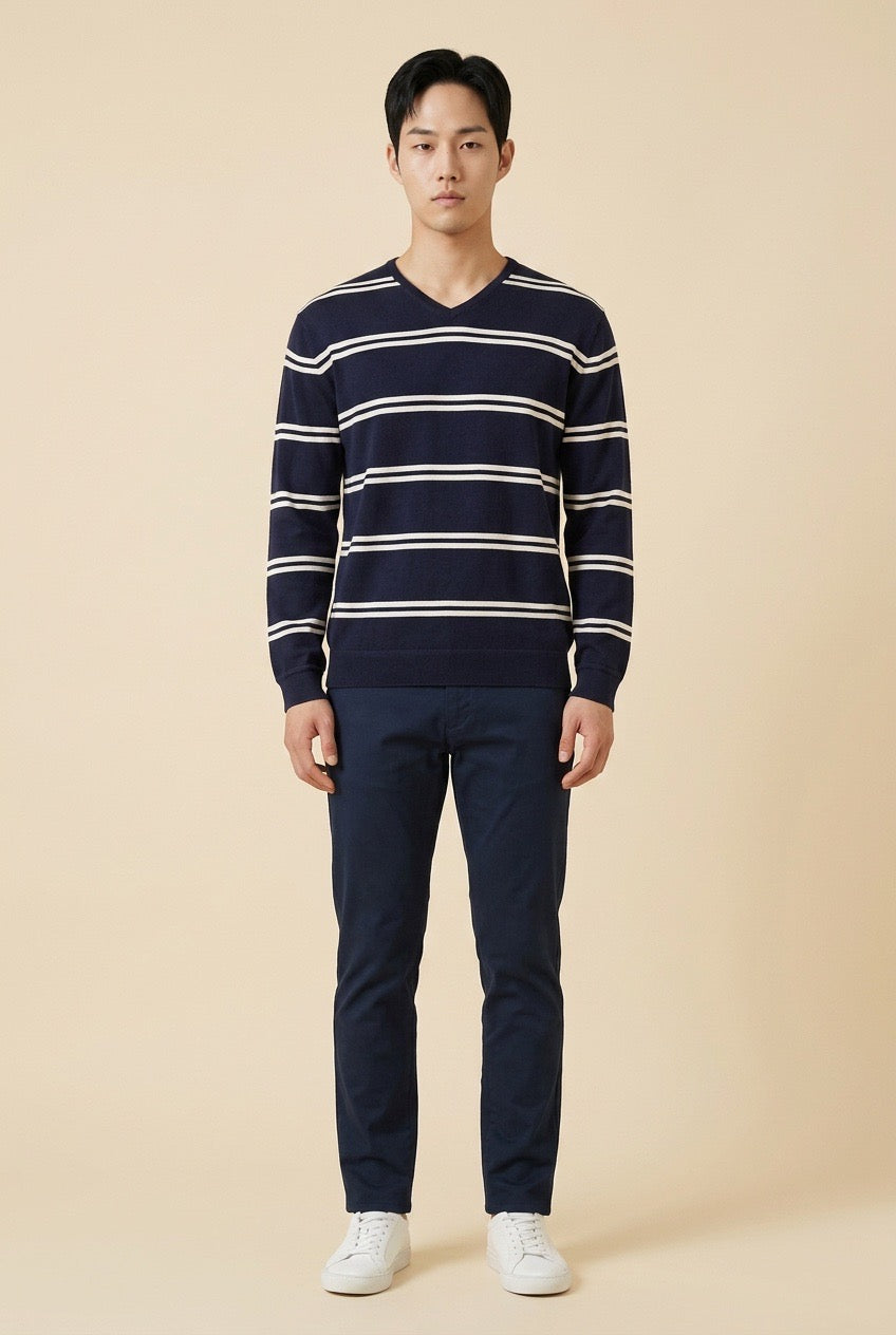 Navy Blue Sweater with Horizontal White Stripes