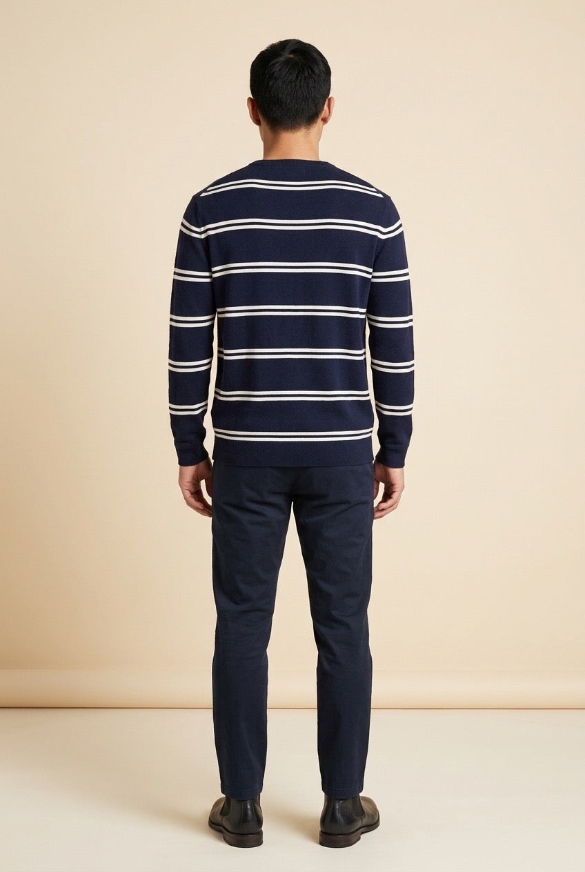 Navy Blue Sweater with Horizontal White Stripes