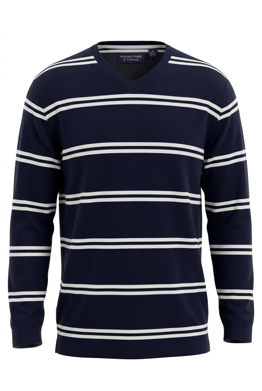 Navy Blue Sweater with Horizontal White Stripes