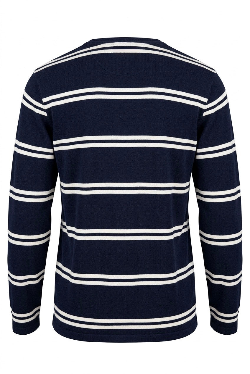 Navy Blue Sweater with Horizontal White Stripes