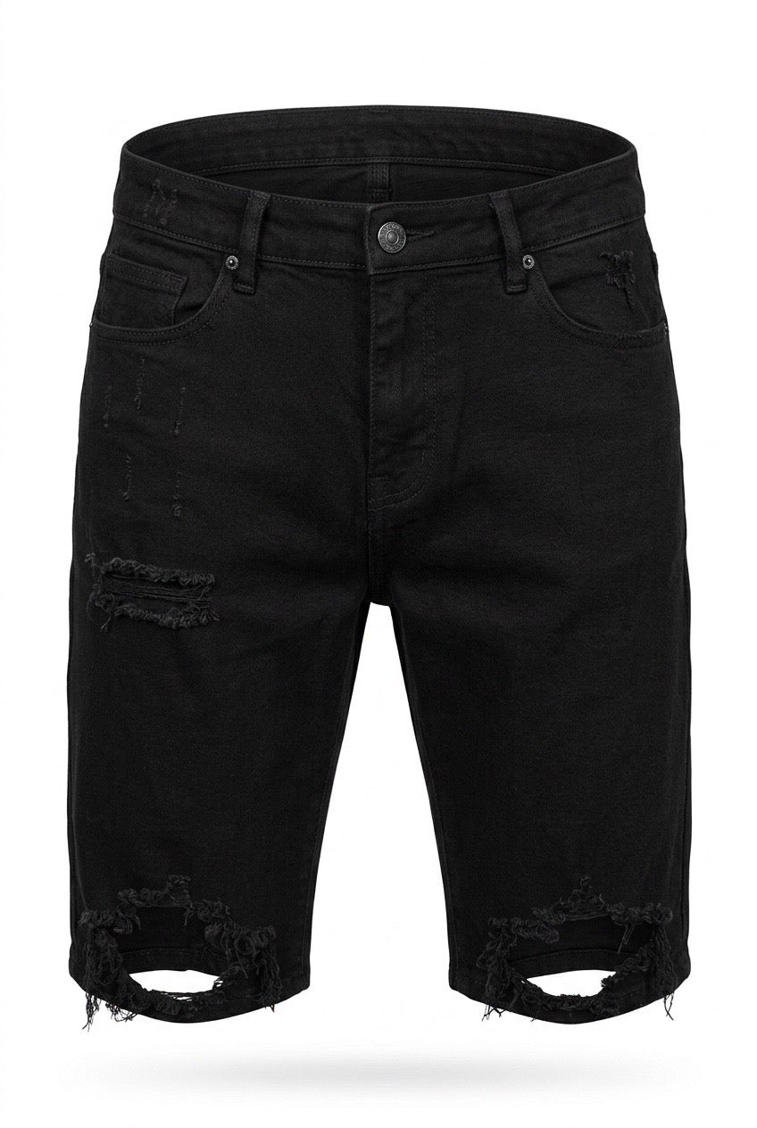 Distressed Black Denim Shorts