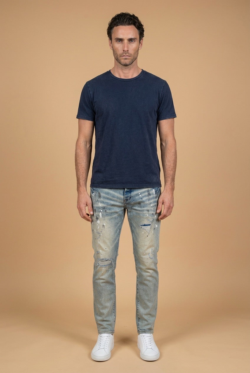 Faded Blue Distressed and Paint Splattered Purple Jeans
