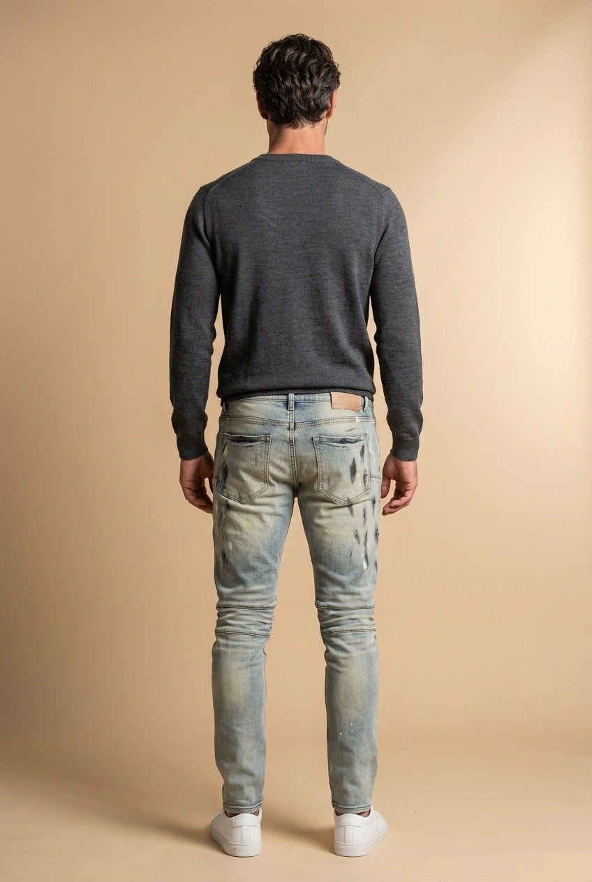 Faded Blue Distressed and Paint Splattered Purple Jeans