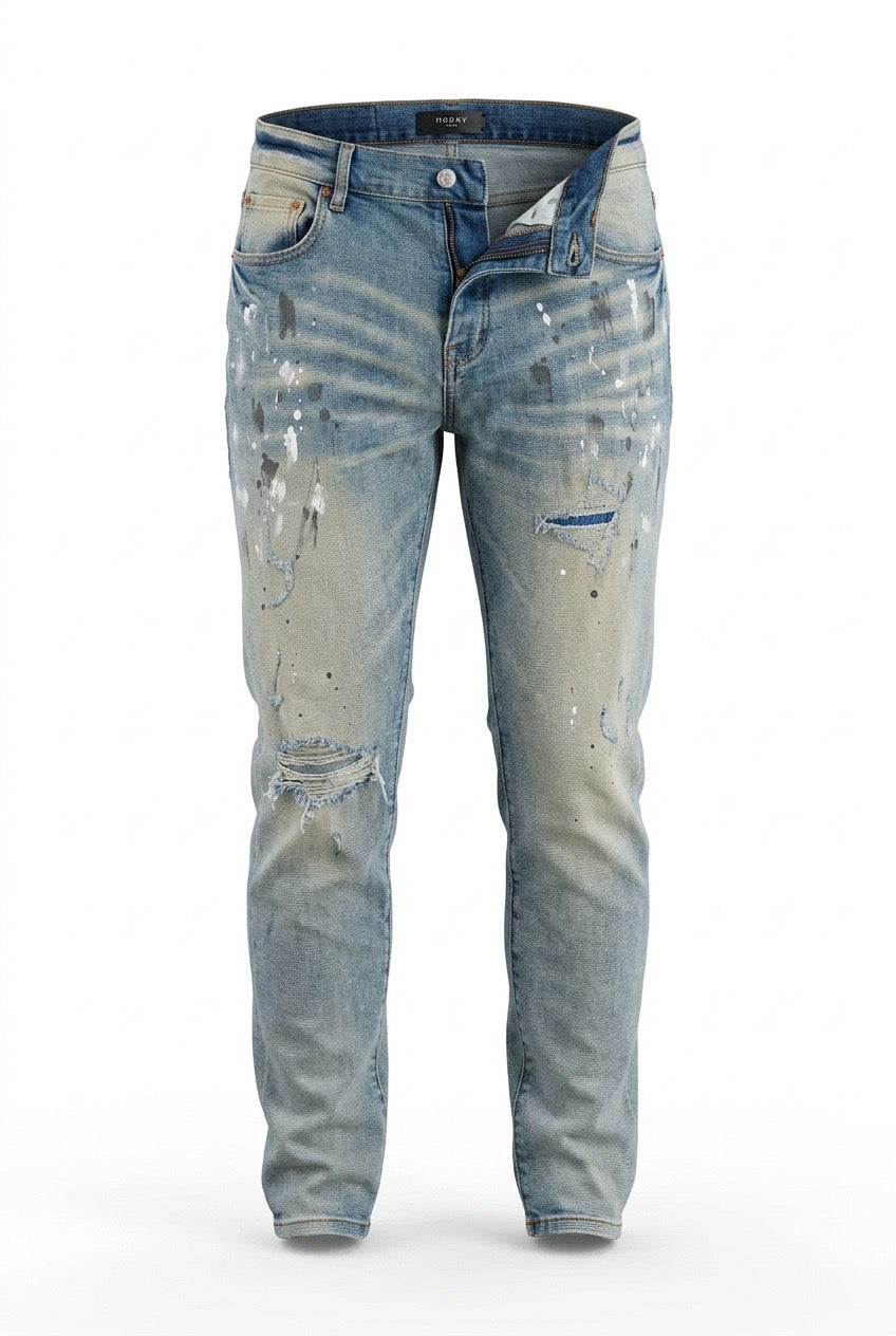 Faded Blue Distressed and Paint Splattered Purple Jeans