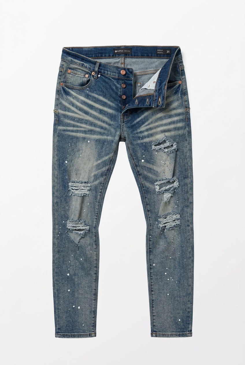 Purple Brand Distressed and Faded Blue Jeans with Paint Splatters