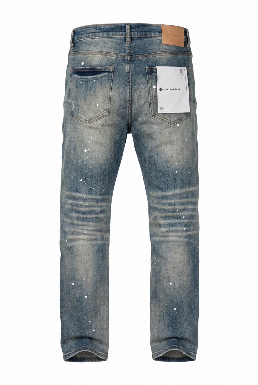 Purple Brand Distressed and Faded Blue Jeans with Paint Splatters