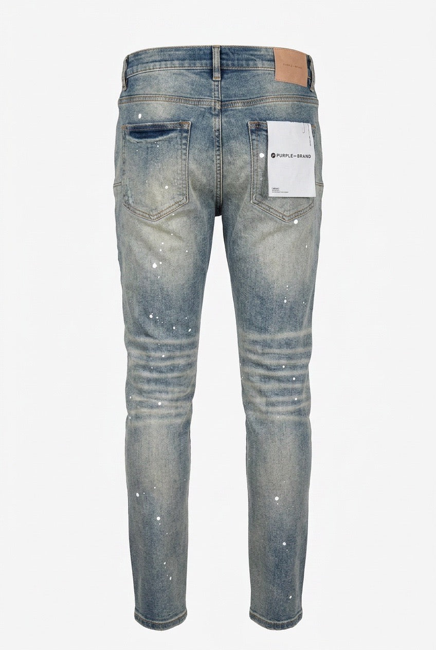 Purple Brand Distressed and Faded Blue Jeans with Paint Splatters