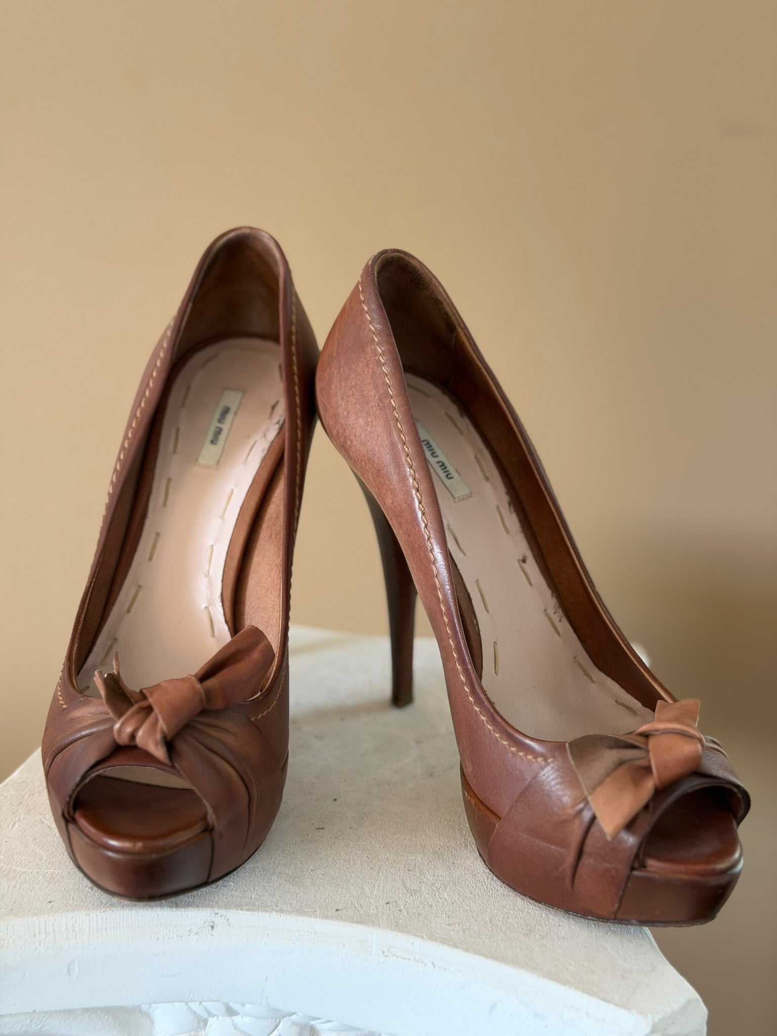 Miu Miu Tawny Brown  Peep-Toe Platform