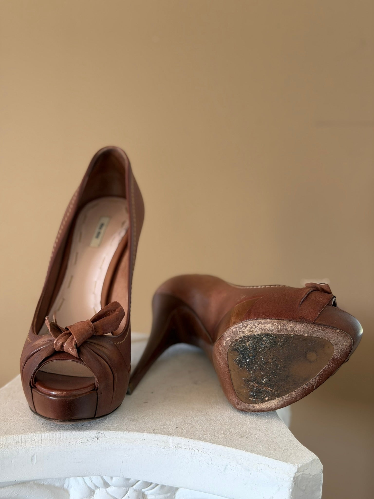Miu Miu Tawny Brown  Peep-Toe Platform