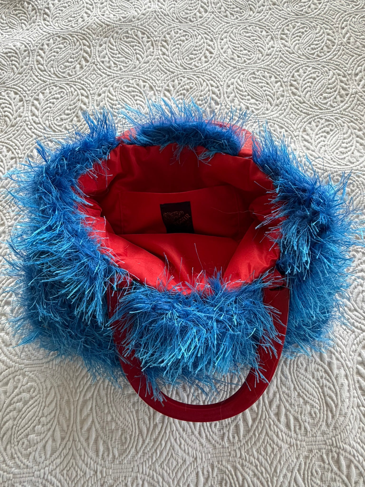 Knitted Shaggy Blue Bag with Red Acrylic Handle