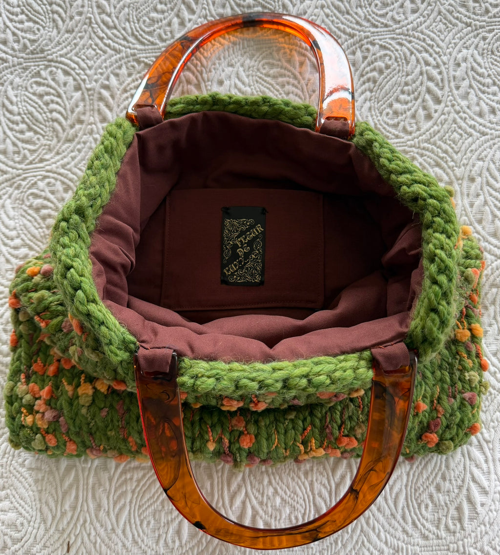 Green, Orange and Yellow Tones Pom Pom Yarn Knitted Bag