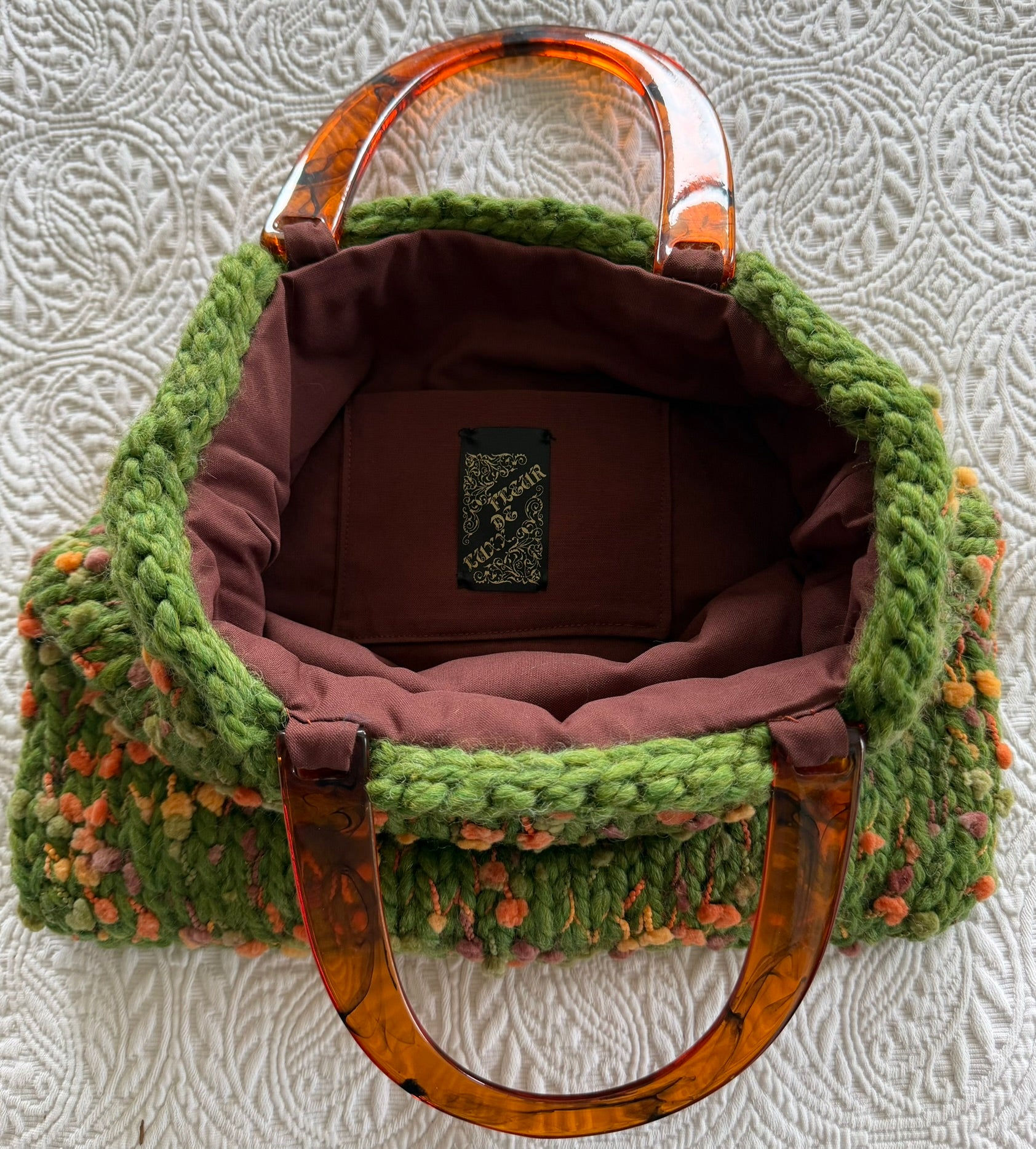 Green, Orange and Yellow Tones Pom Pom Yarn Knitted Bag