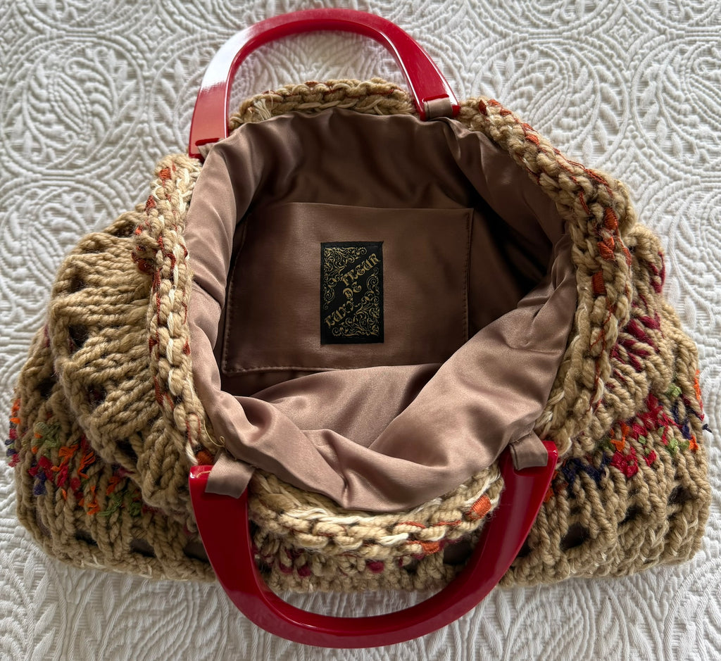 Open-Knit Handbag with Red Handle
