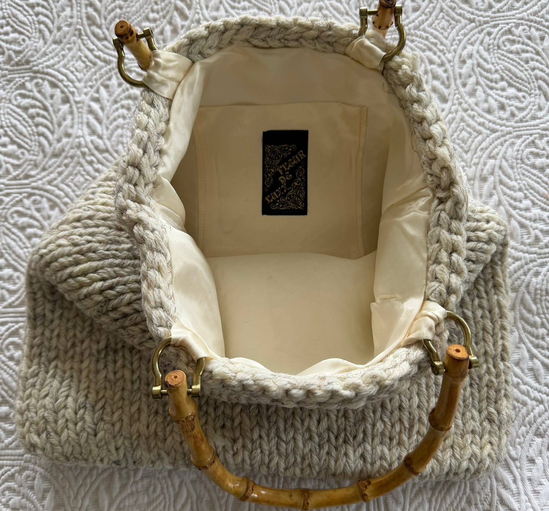 Bamboo Handle Cream Knitted Handbag