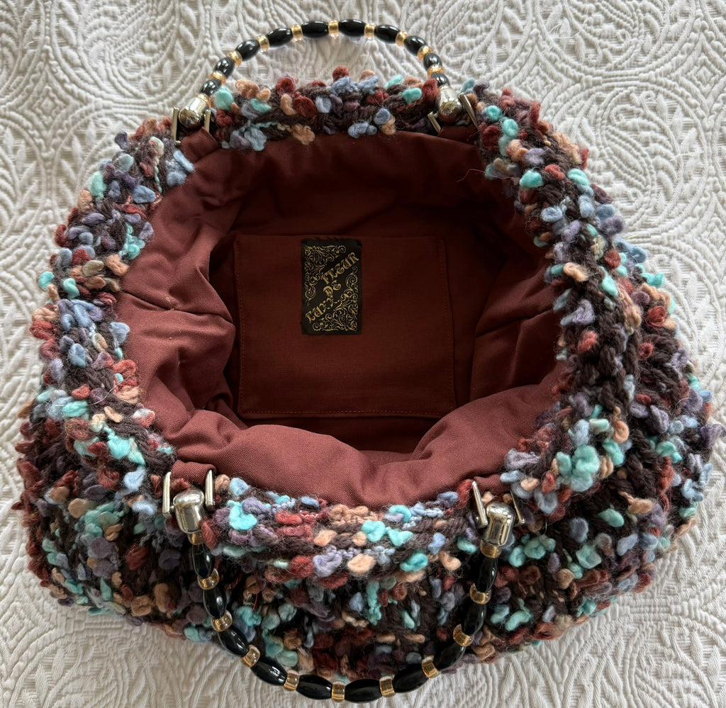 Pom Pom Yarn Knitted Handbag with Beaded Handle