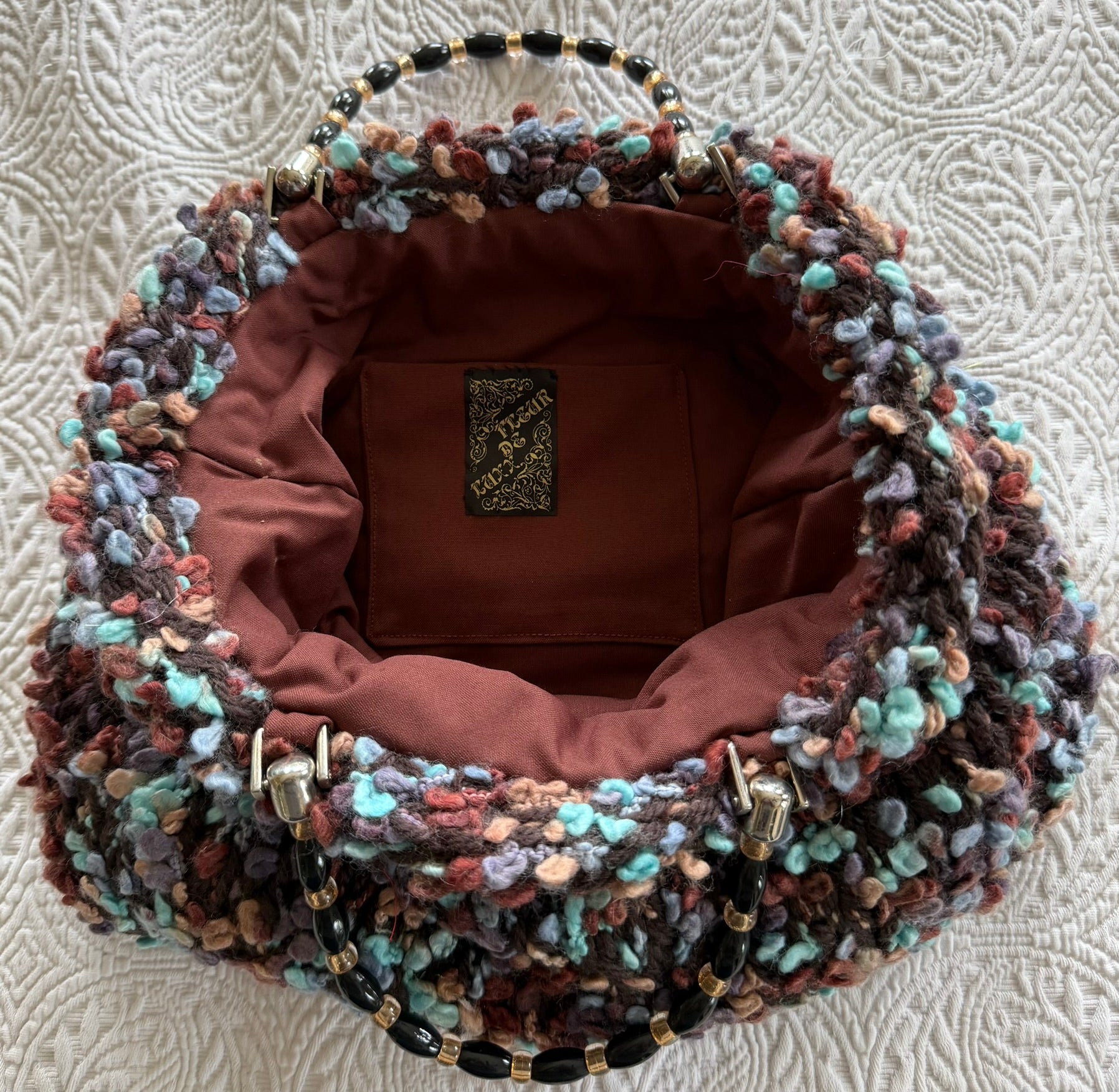 Pom Pom Yarn Knitted Handbag with Beaded Handle