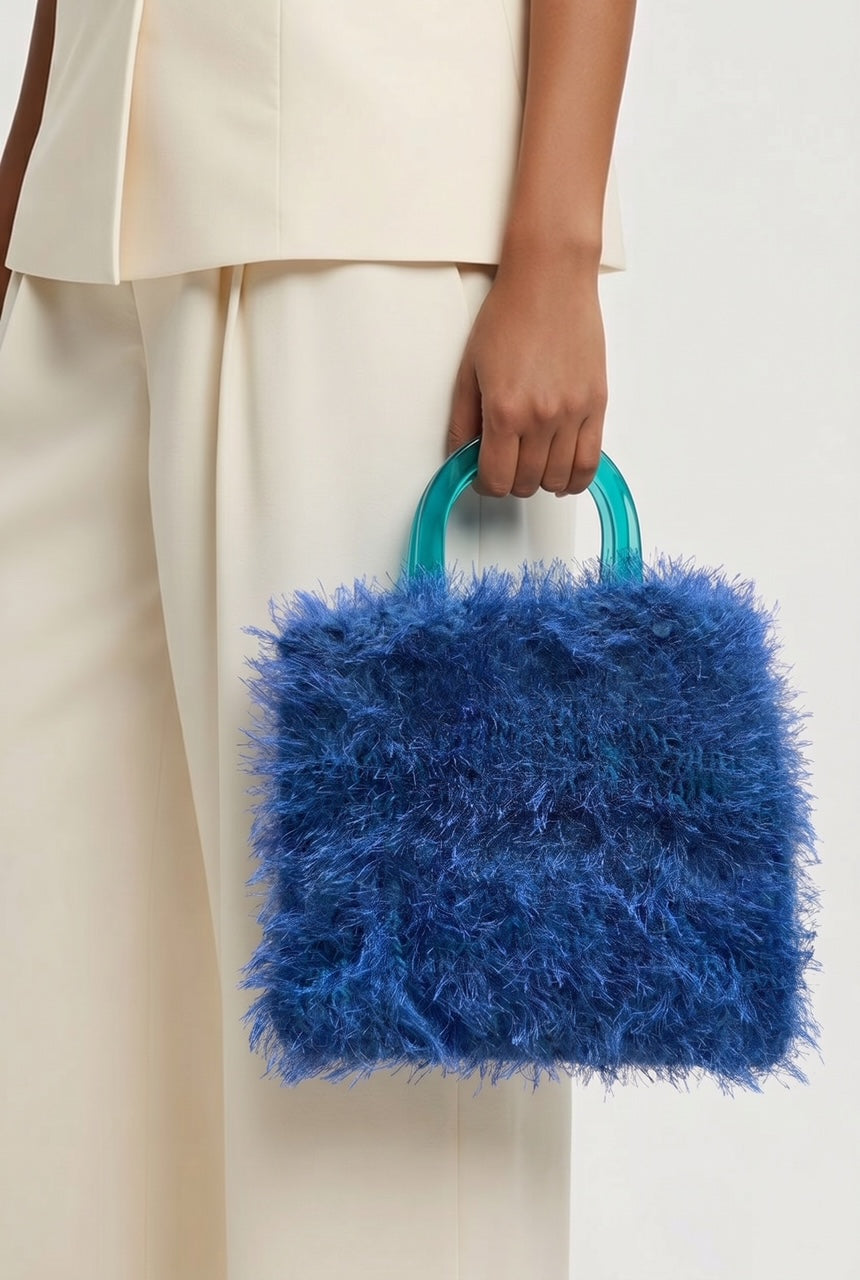 Blue Fur Yarn Knitted Handbag