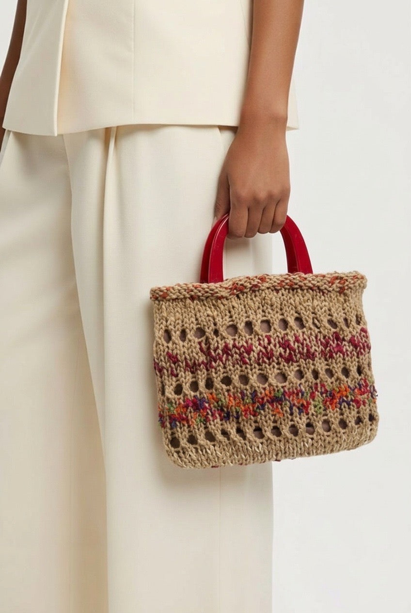 Open-Knit Handbag with Red Handle