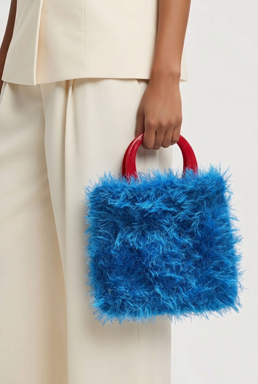 Knitted Shaggy Blue Bag with Red Acrylic Handle