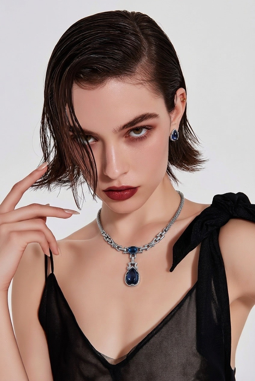 Elegant Silver Tone Blue Stone Jewelry Set