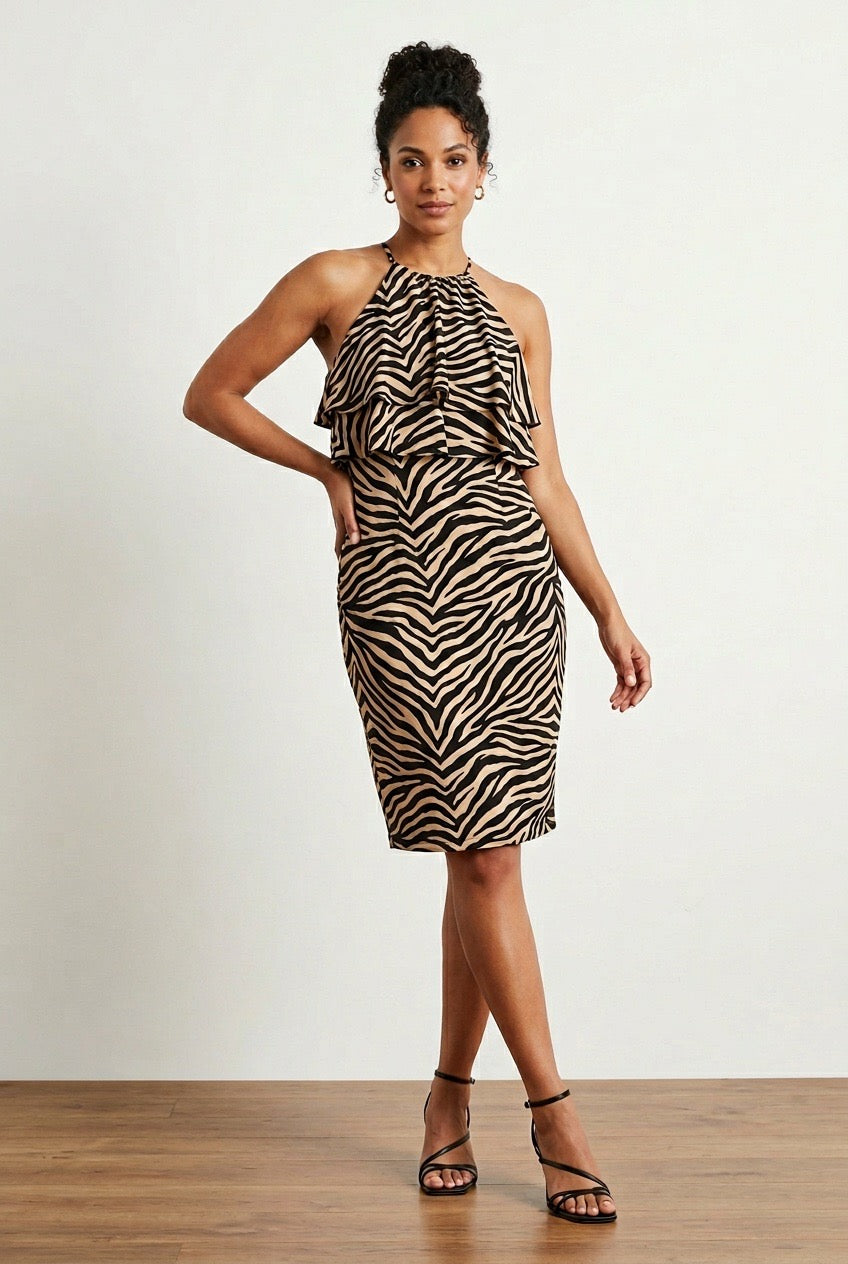 Zebra Print Double Frill Halter Dress