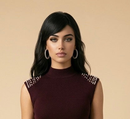 Short Sleeve Burgundy Pearl Embellished Dress