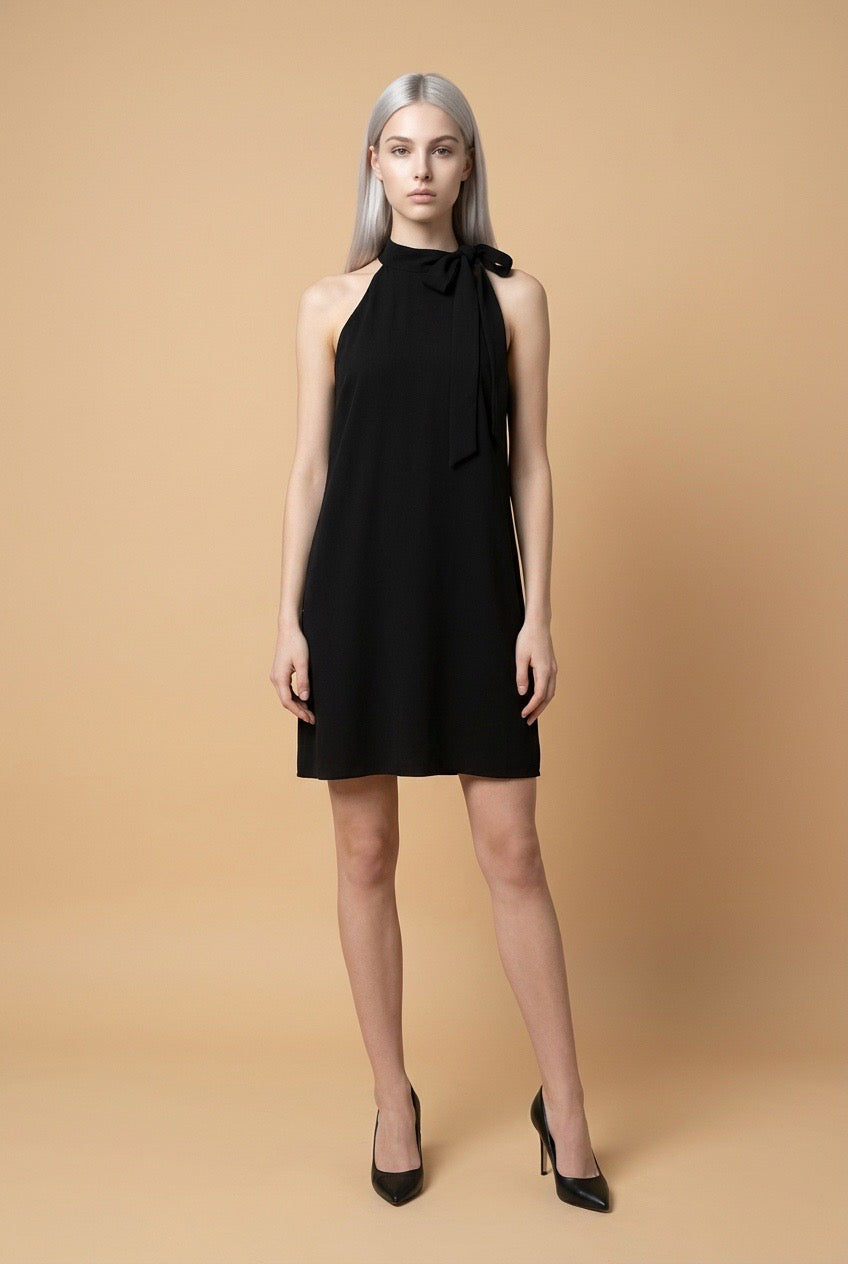 Black Halter Neck Bow Embellished Dress