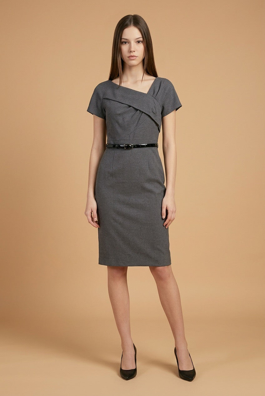 Gray Belted Dress with Unusual Neckline