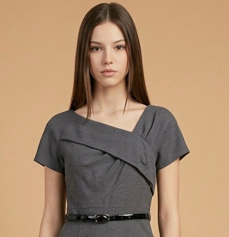 Gray Belted Dress with Unusual Neckline