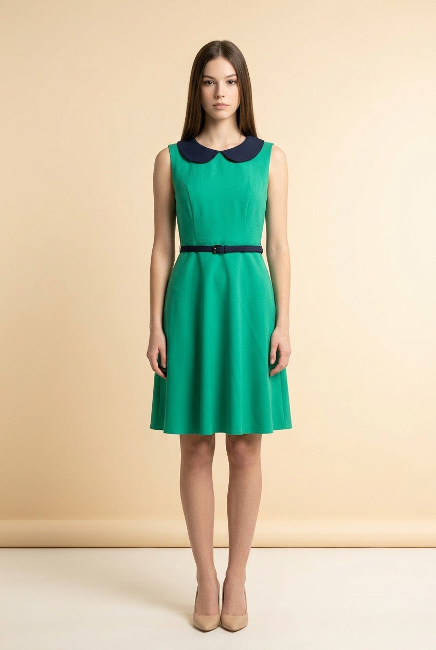 Green Dress with Navy Peter Pan Collar and Belt