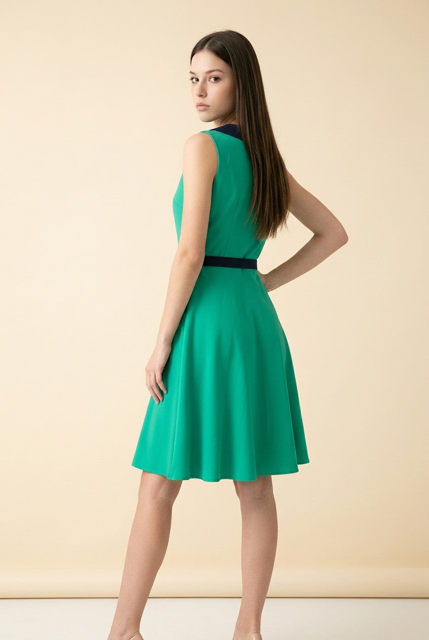 Green Dress with Navy Peter Pan Collar and Belt